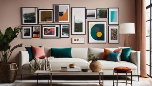 Een galerijmuur vol kleurrijke kunst en foto's in een modern ingerichte woonkamer.