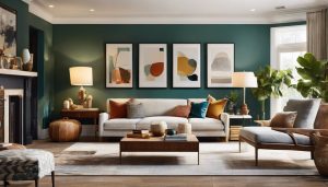 Een galerijmuur met een mix van ingelijste kunst en spiegels in een comfortabele woonkamer.