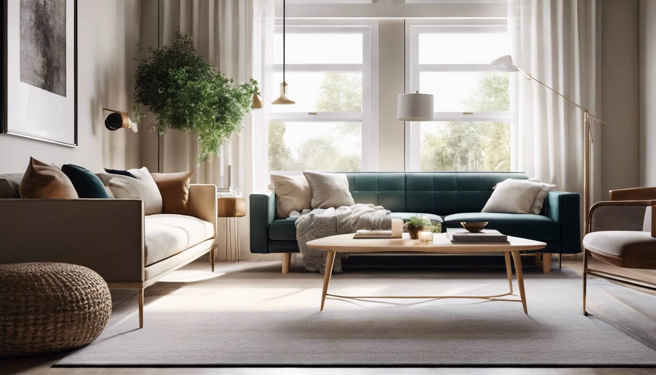 Een modieuze woonkamer met trendy IKEA-tapijt en modern meubilair.