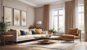 Een comfortabele woonkamer met stijlvol meubilair en een warme sfeer.