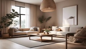 Een minimalistische Japandi woonkamer met natuurlijke decoratie en gezellige sfeer.