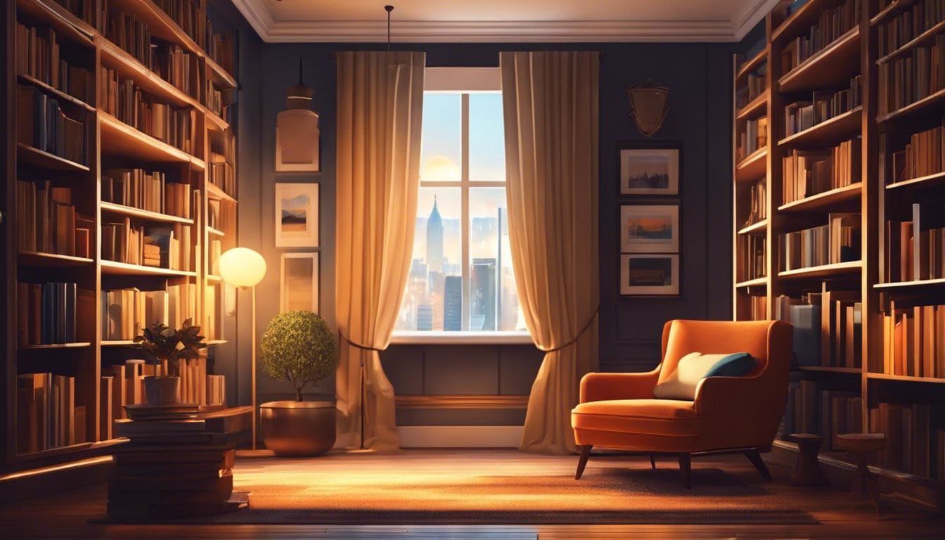 Een comfortabele leeshoek met een gezellige stoel en boekenkast in een rustige en uitnodigende sfeer.