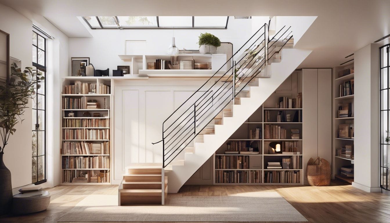 Een creatief ontworpen en georganiseerde opbergruimte onder een trap.