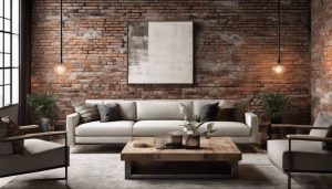 Stijlvolle industriële woonkamerkasten met moderne inrichting tegen ruwe bakstenen muur.