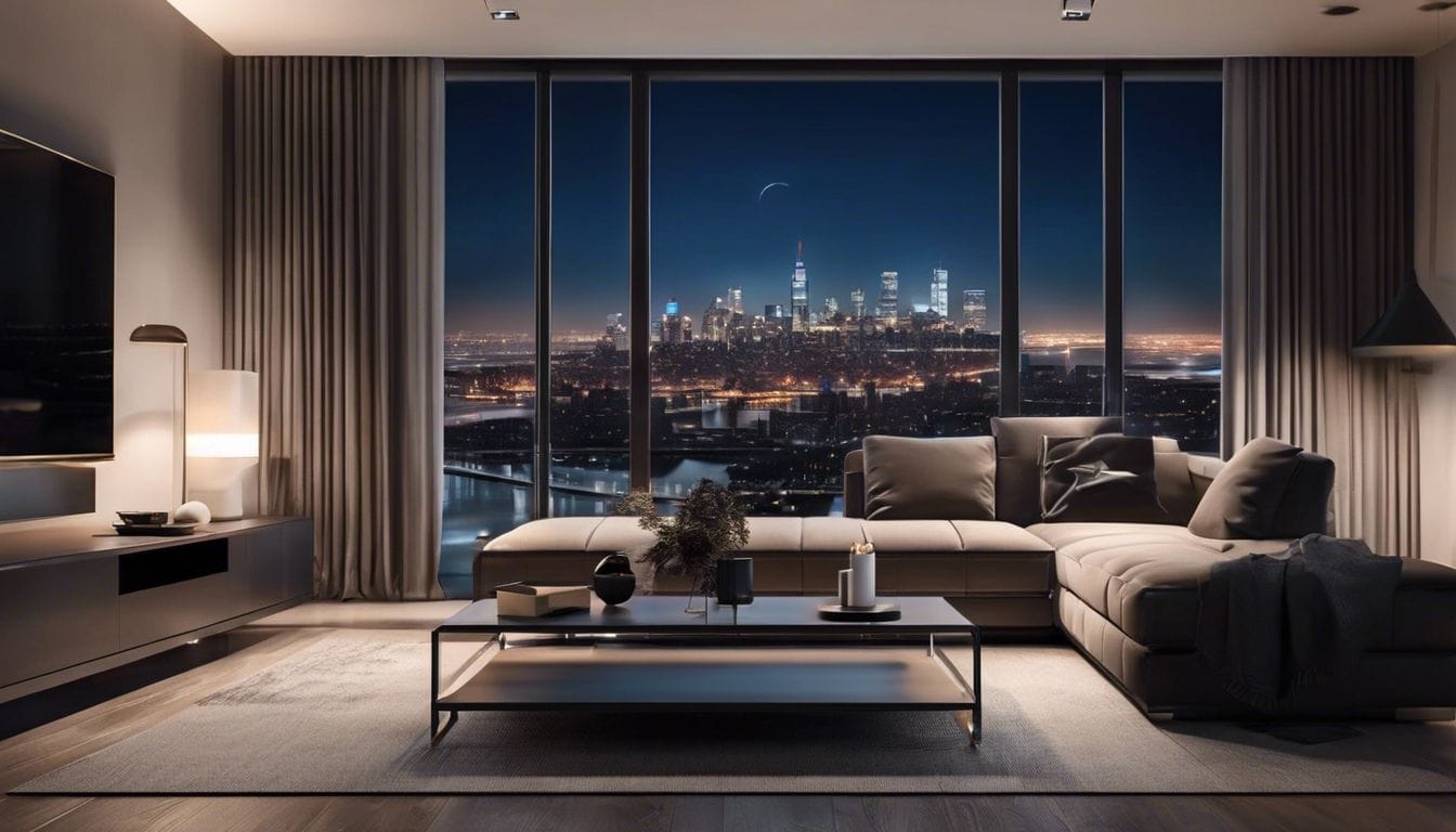 Een stijlvolle woonkamer met een modern kastontwerp en een spectaculair stadsgezicht 's nachts.