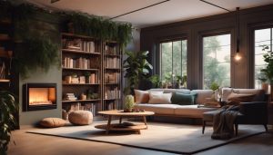 Een gezellige woonkamer met een keramische kachel, gezellige dekens, boekenplank en planten.