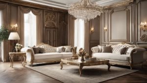 Een luxueuze klassieke woonkamer met weelderige meubels en verfijnde details.