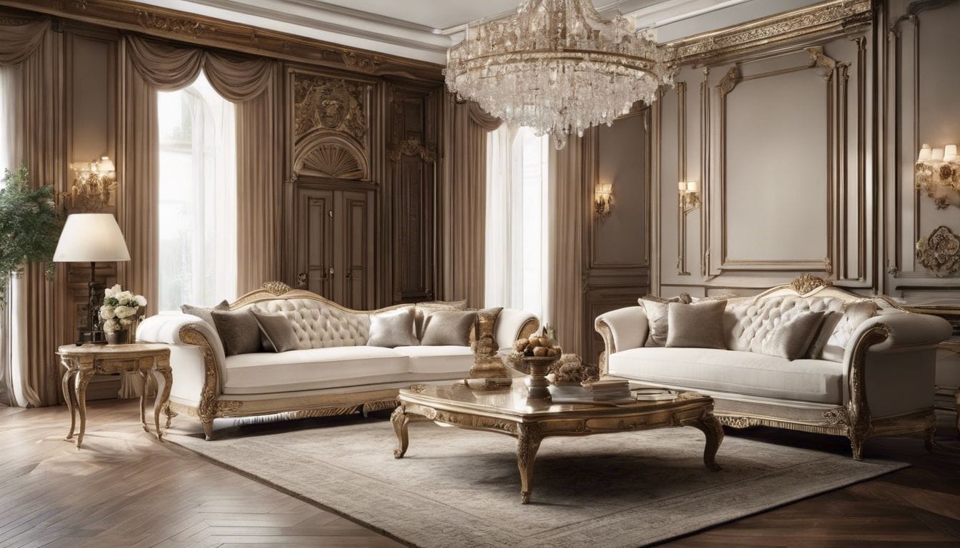 Een luxueuze klassieke woonkamer met weelderige meubels en verfijnde details.