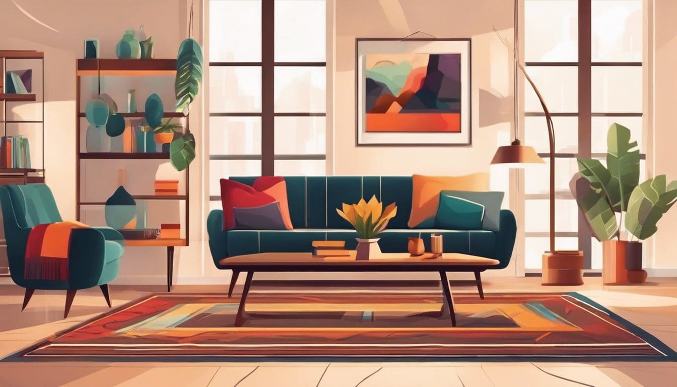 Een comfortabele woonkamer met gezellige zitplaatsen en kleurrijk vloerkleed.