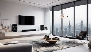 Een moderne woonkamer met strakke luidsprekers en abstracte stadskunst.