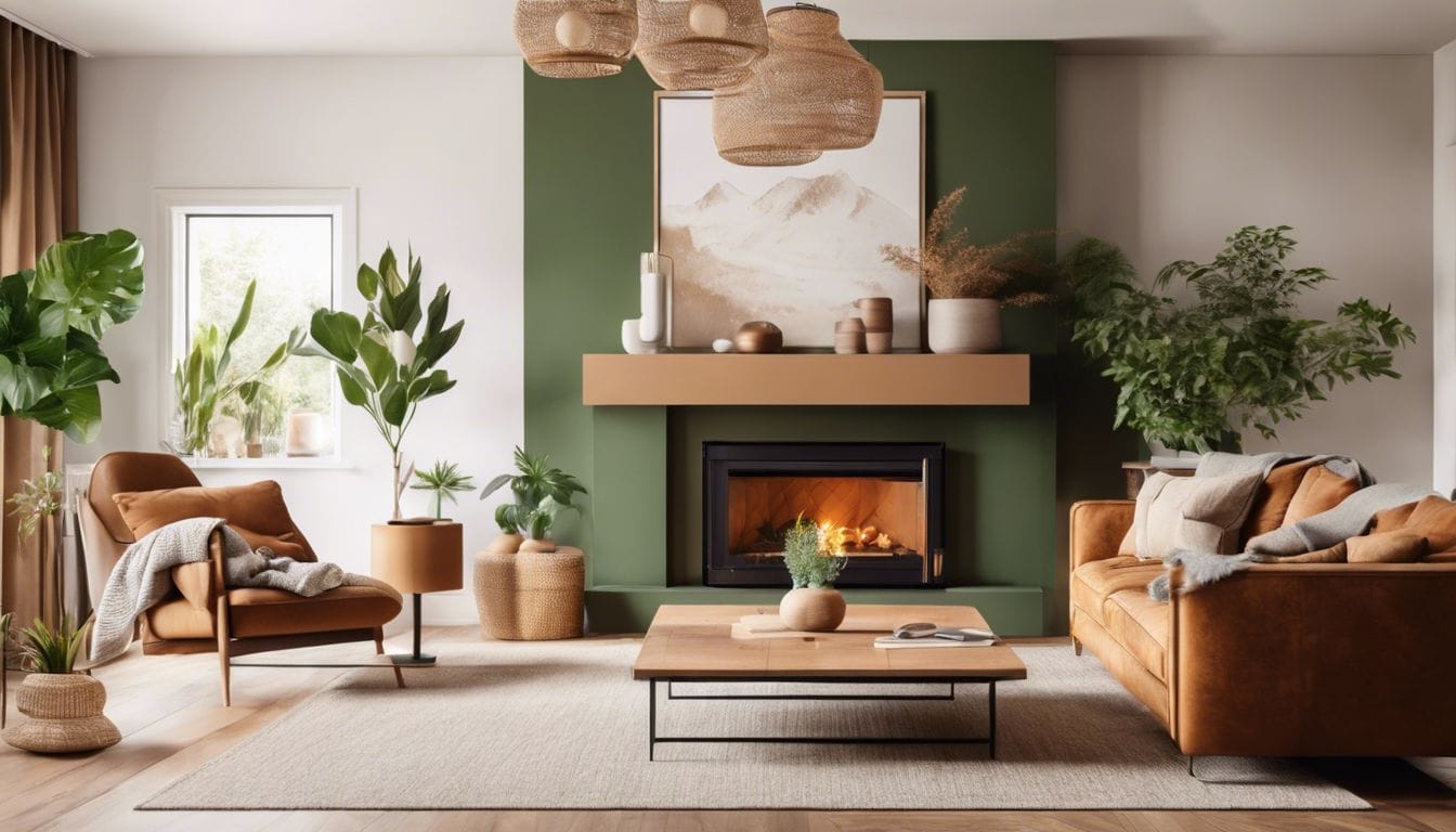 Een knusse woonkamer met warme kleuren, comfortabele meubels en levendige planten.