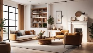 Een comfortabele woonkamer met warme, natuurlijke tinten en gezellig meubilair.