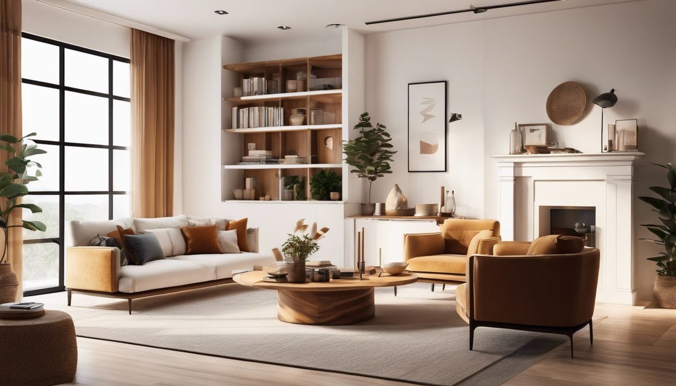 Een comfortabele woonkamer met warme, natuurlijke tinten en gezellig meubilair.