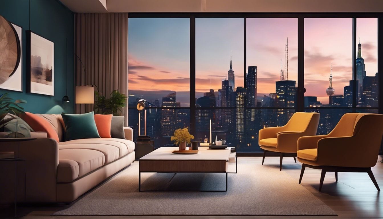 Een gezellige woonkamer met harmonieuze kleuren, stadsgezichtfotografie en comfortabele meubels.