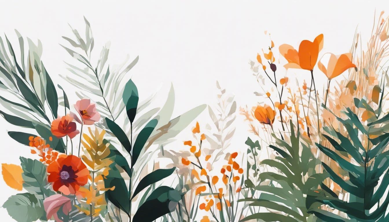 Een levendig en kleurrijk abstract schilderij en natuurfotografie met bloemen en planten.