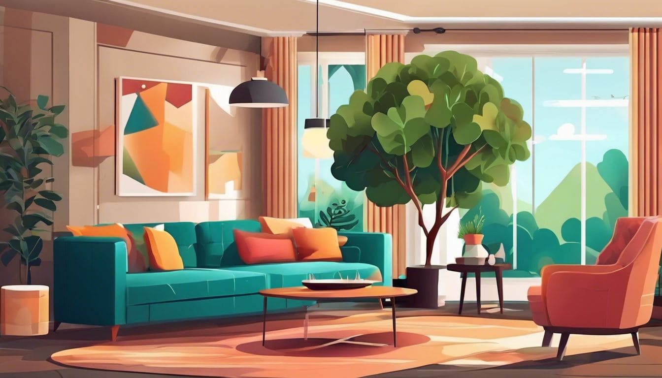 Een prachtig ingerichte woonkamer met comfortabele meubels en een grote nepboom.