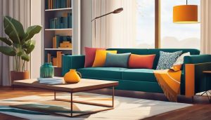 Een comfortabele bank met kleurrijke kussens in een elegant interieur.