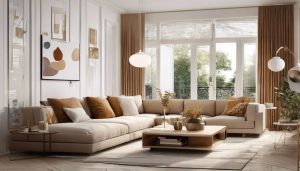 Een comfortabele L-vormige woonkamer met stijlvol meubilair en een gezellige sfeer.