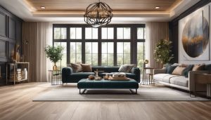 Een prachtig ontworpen woonkamer met perfect laminaatvloer en elegante meubels.