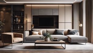 Een stijlvolle woonkamer met strakke meubels en minimalistische decoratie.