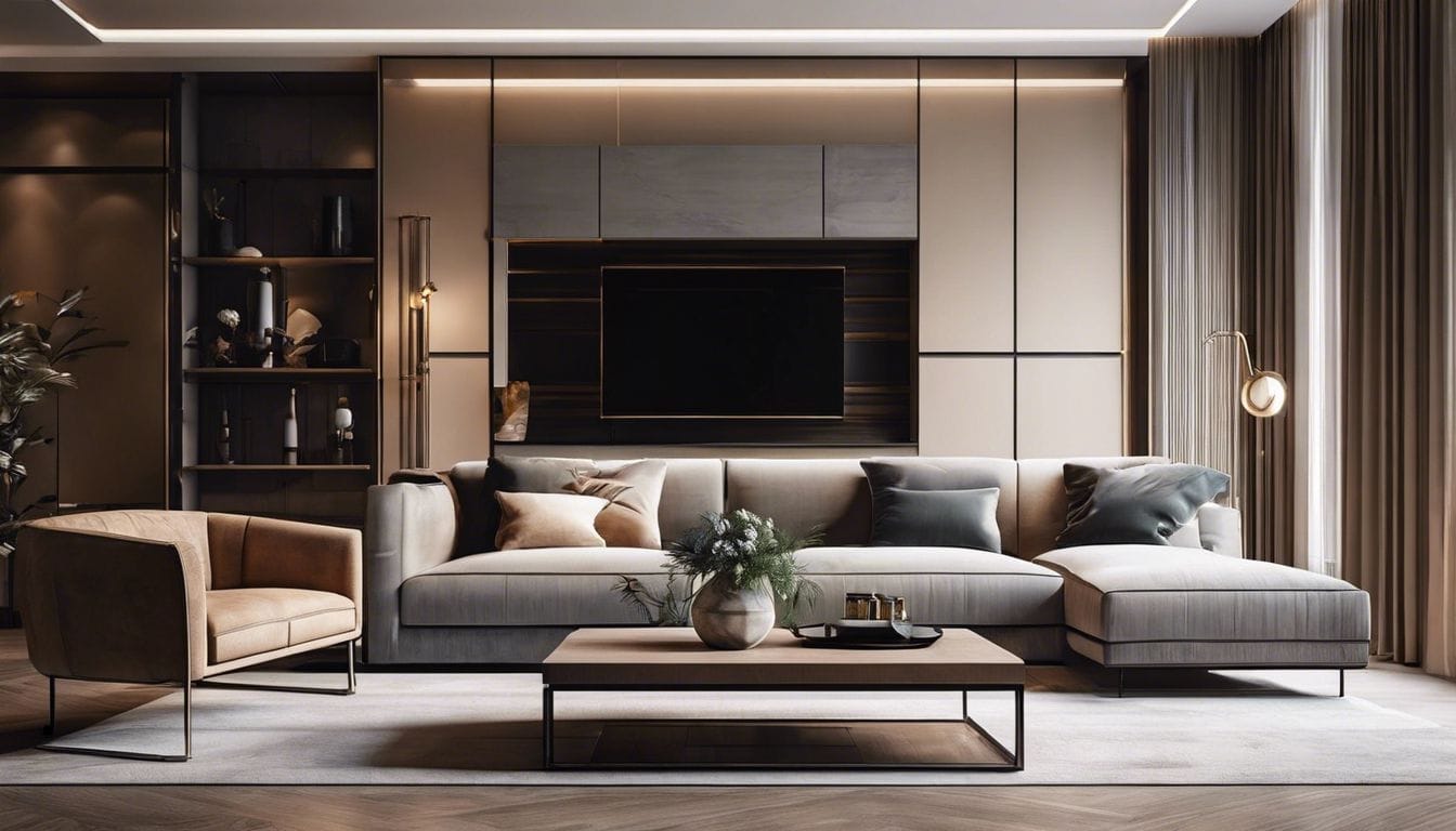 Een stijlvolle woonkamer met strakke meubels en minimalistische decoratie.