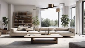 Een minimalistische woonkamer met strak meubilair en neutrale tinten.
