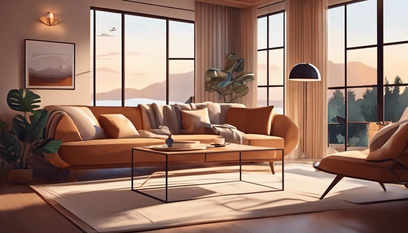 Gezellige woonkamer met stijlvolle bank, zachte dekens en elegante decoratie.