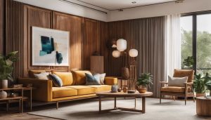 Een comfortabele woonkamer met prachtige mangohouten meubels in plat design.