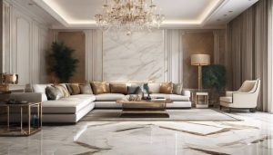 Een prachtige marmeren tegelvloer in een luxe woonkamer.