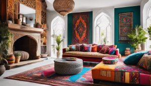 Een kleurrijke Marokkaans-geïnspireerde woonkamer met levendige textiel en patronen.