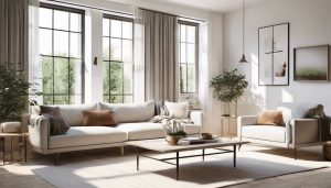 Een opgeruimde en minimalistische woonkamer met neutrale kleuren en strakke meubels.