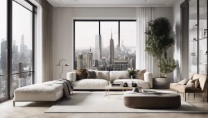 Een moderne, stijlvolle woonkamer met minimalistische inrichting en stadsuitzicht.