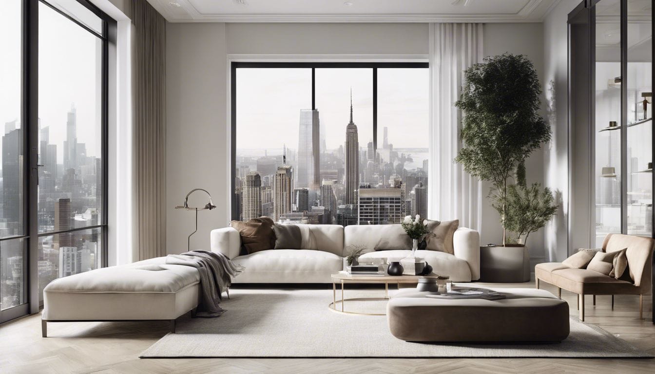 Een moderne, stijlvolle woonkamer met minimalistische inrichting en stadsuitzicht.