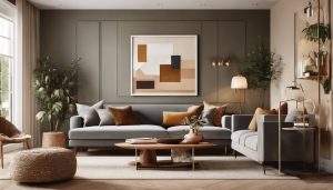 Een comfortabele woonkamer met een goed samengestelde moodboard en unieke kunstwerken.