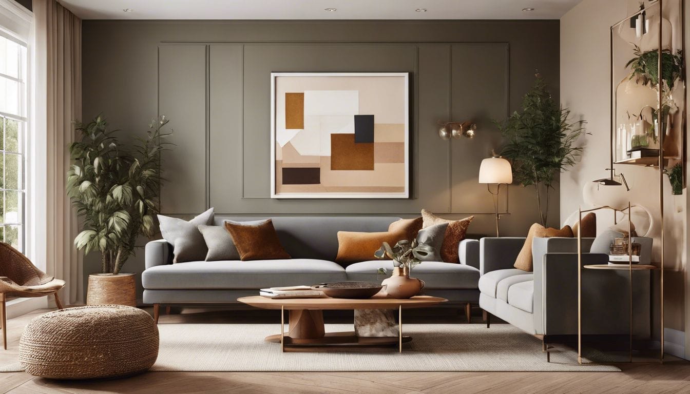 Een comfortabele woonkamer met een goed samengestelde moodboard en unieke kunstwerken.