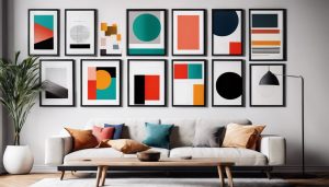 Een verzameling minimalistische en moderne posters hangt aan de muur van een stijlvolle woonkamer.