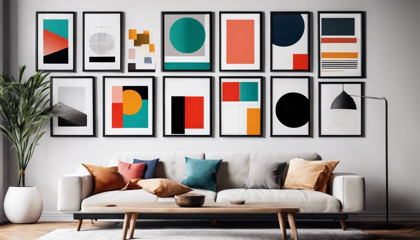 Een verzameling minimalistische en moderne posters hangt aan de muur van een stijlvolle woonkamer.