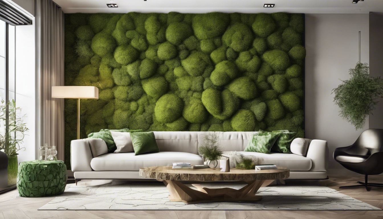 Een levendige groene mosmuur als organisch element in een modern interieur.