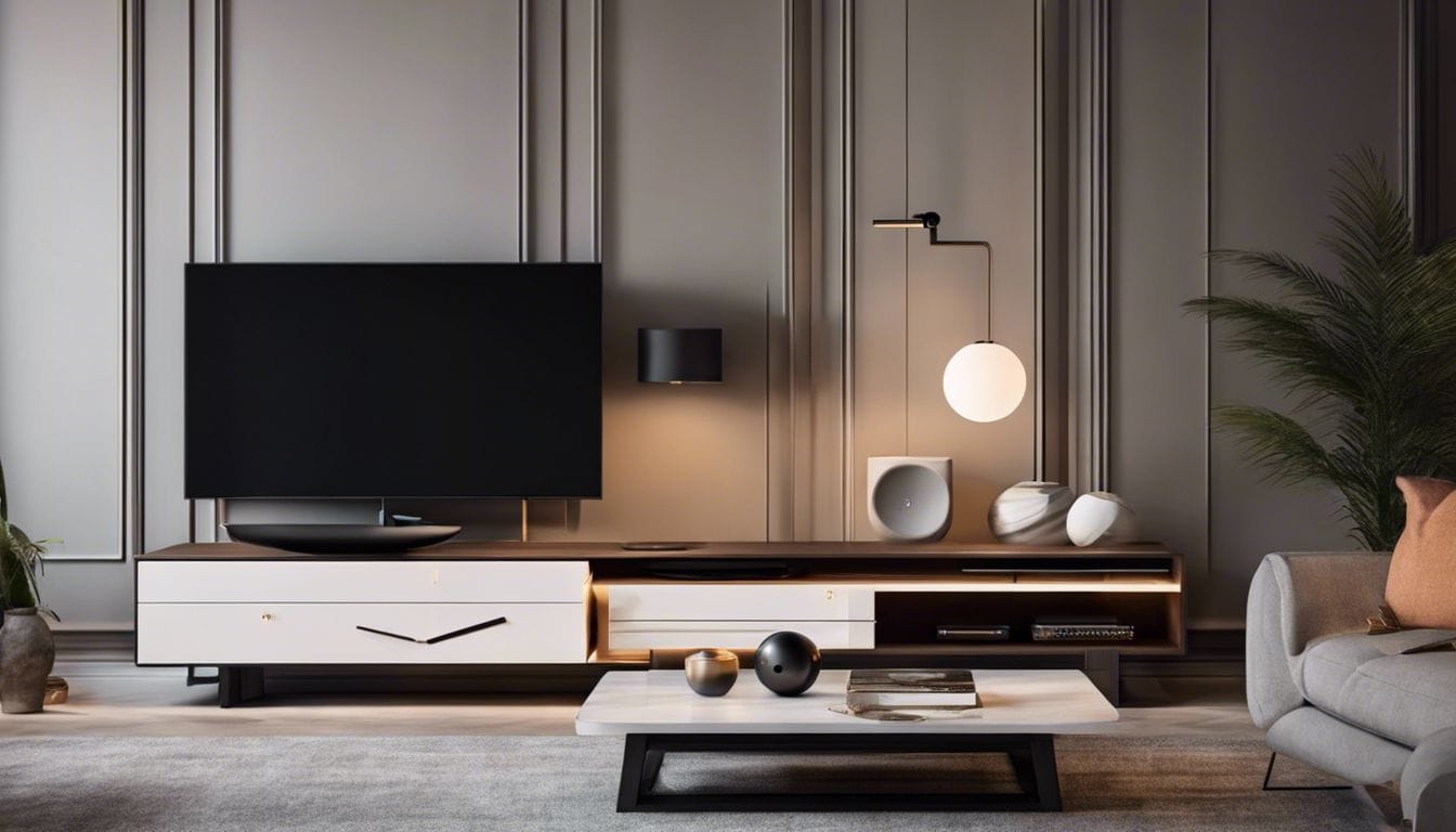 Een stijlvol muzieksysteem op een modern entertainment meubel in een goed ingerichte woonkamer.