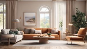 Een gezellige woonkamer met keurig geplaatst bankstel en warm kleurenpalet.