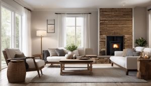 Een gezellige woonkamer met een pelletkachel als middelpunt en comfortabel meubilair.