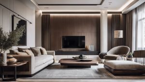 Een prachtig ontworpen zuil in een moderne woonkamer, omringd door eigentijdse meubels en minimalistische decoratie, benadrukkend elegantie en verfijning.