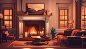 Een comfortabele woonkamer met een traditionele open haard en gezellige zitplaatsen.