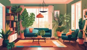 Een gezellige woonkamer gevuld met kleurrijke planten en natuurlijke decoraties.