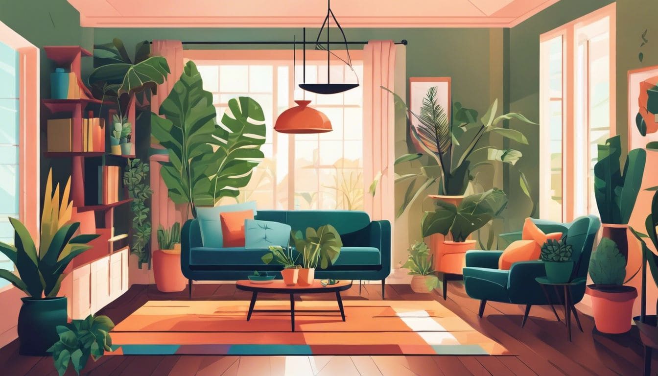 Een gezellige woonkamer gevuld met kleurrijke planten en natuurlijke decoraties.