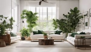 Een comfortabele woonkamer gevuld met groene planten en natuurlijke fotografie.