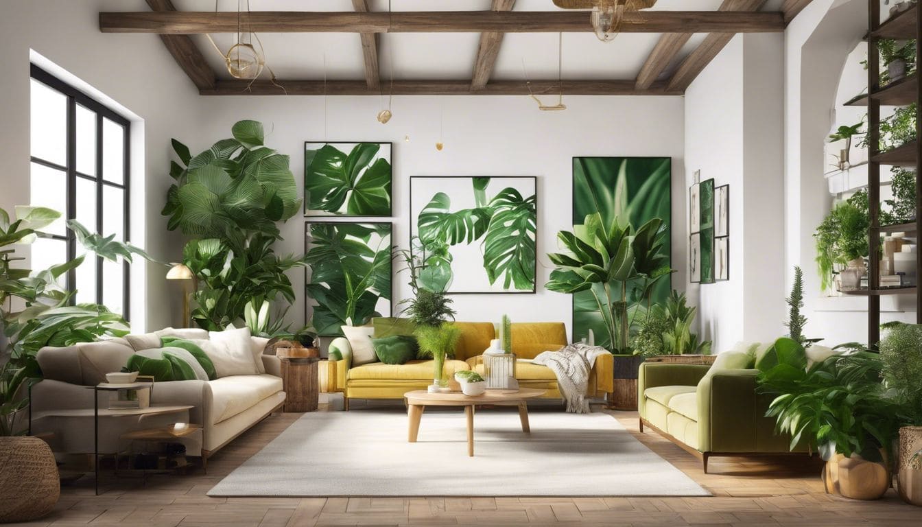 Een mooie plantendisplay in een comfortabele, levendige woonkamer.