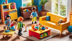 Een vrolijke weergave van een comfortabele Playmobil woonkamer set met spelende kinderen en kleurrijk meubilair.