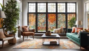 Een comfortabele woonkamer met decoratieve raamfolie en gezellige meubels.