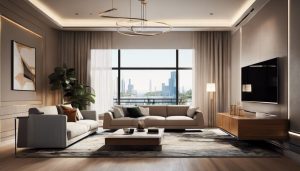 Een moderne woonkamer met strakke verlichting en elegant decor.